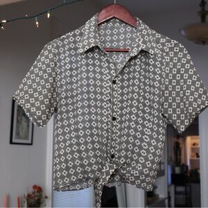 Black and White Patterned Shirt with Bow Detail